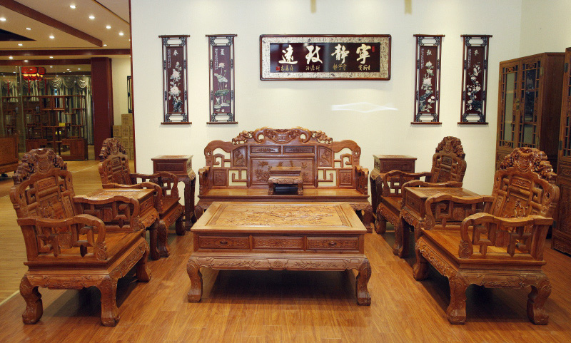 缅甸花梨大象宝座沙发11件套